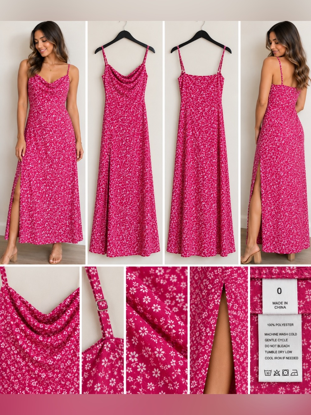 Fuchsia Pink Floral Cowl Neck Slip Maxi Dress with Side Slit